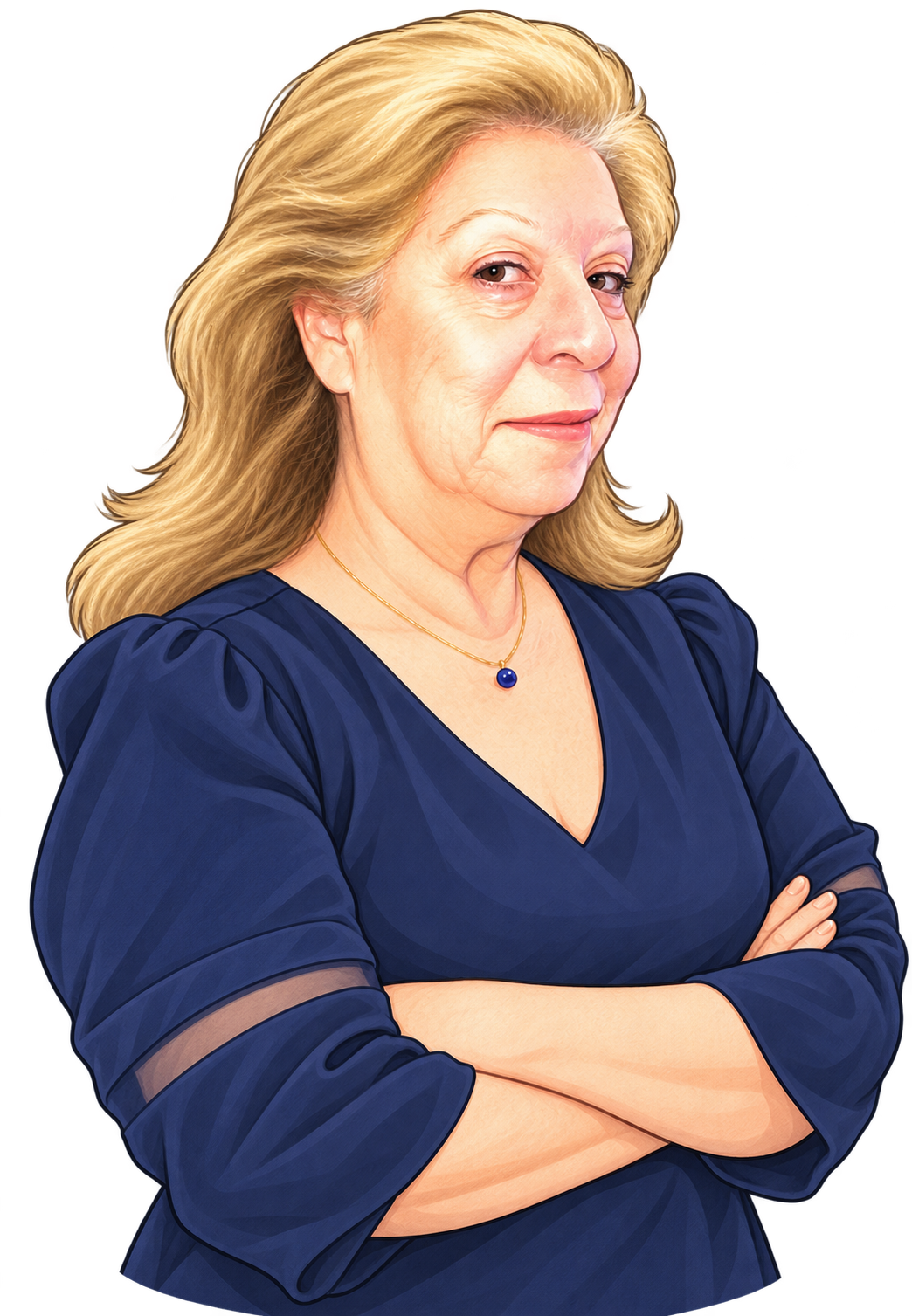 A cartoon of Nina in her navy blouse and blue pendant, standing with folded arms